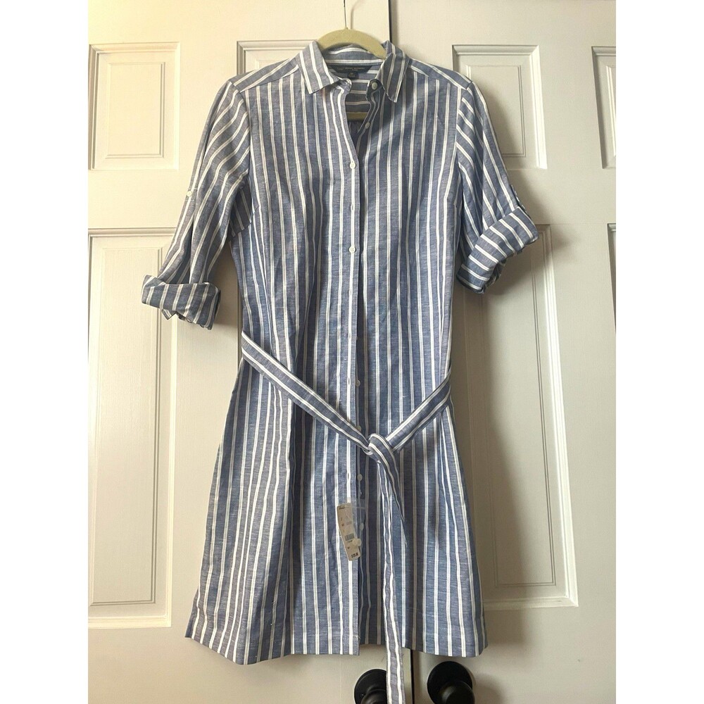 Brooks Brothers 346 Petite Shirt Dress Size 8P Blue Striped Linen Belted NWT